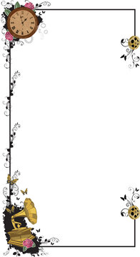 Fototapeta Showing flat filigree border with roses, clock, reels and gramophone on transparent background