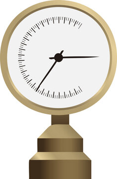 Displaying flat design gauge with brass bezel black pointers on white dial, transparent background