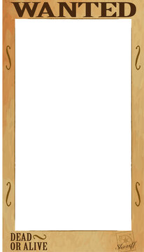 Fototapeta Flat art is showing wanted poster, wood placeholder, WANTED, DEAD OR ALIVE, sheriff badge, clear bg