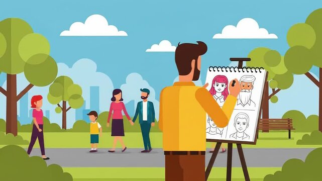Cartoon Artist Drawing Portraits of Family in Park with Kids and Dog on Sunny Day