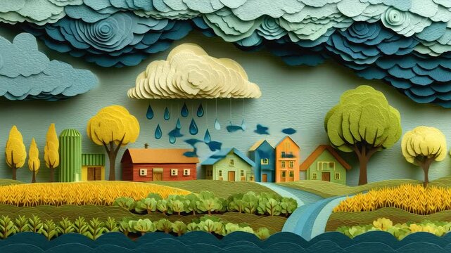 Paper cut sustainable farming scene with crops, houses, trees, rain, and birds over colorful countryside landscape under layered clouds