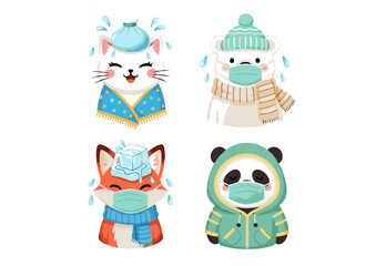 Fototapeta premium Adorable Animal Characters with Cold and Flu Symptoms Wearing Masks Cute Illustrations of Sick Cat, Bear, Fox, and Panda