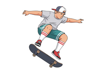 Fototapeta premium Dynamic Skateboarding Illustration Boy Performing an Ollie, Action Pose, Athletic, Youthful Energy, Sporty Illustration