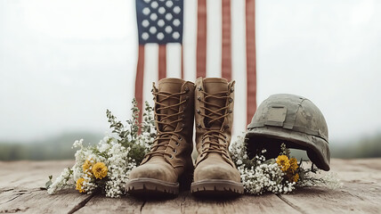 a pair of combat boots, military helmet, and rifle arranged in a respectful military tribute, surrounded by flowers and an american flag, conveys the deep honor and remembrance of fallen soldiers
