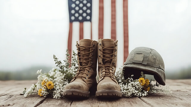 a pair of combat boots, military helmet, and rifle arranged in a respectful military tribute, surrounded by flowers and an american flag, conveys the deep honor and remembrance of fallen soldiers