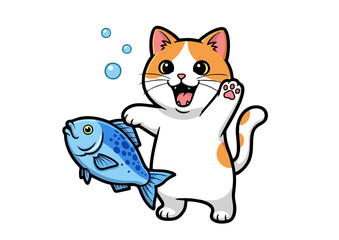 Adorable Orange and White Cat Holding a Fish Cute Cartoon Illustration