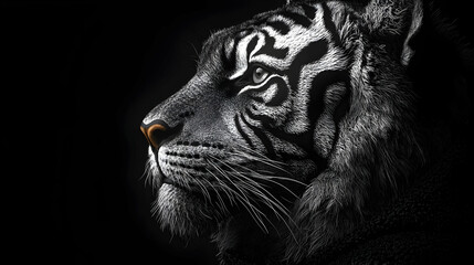Obraz premium Detailed profile of a tiger's head in black and white.