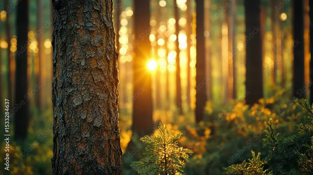 Aufkleber sunlight through pine trees in forest with tree trunk in foreground, beautiful light in nature, fore