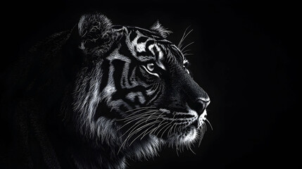 Profile view of a tiger in black and white.