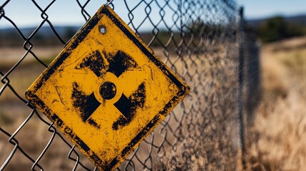 Weathered yellow warning sign on chain link fence outdoors