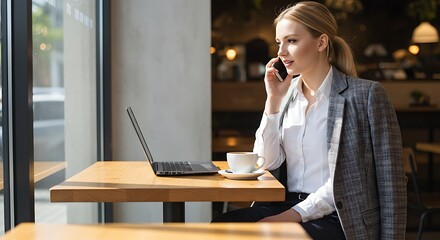Businesswoman working remotely cafe laptop phone call professional woman coffee shop modern office