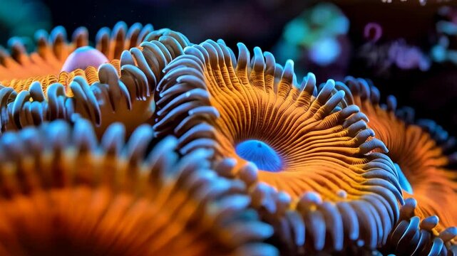 Close-up of vibrant orange Zoanthid corals with blue centers in a saltwater reef aquarium, showcasing texture and colors.