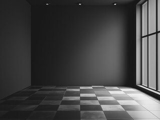 Dark Room Interior with Tile Flooring and Window for Backgrounds