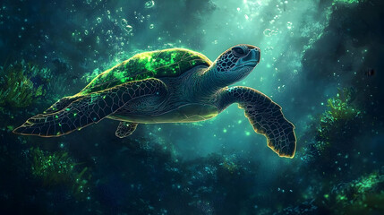 Obraz premium Underwater turtle swimming in glowing teal waters.