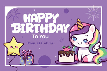 Happy birthday greeting clipart banner design. Birthday greeting text and wishes with unicorn character clipart in purple background for invitation card magical party vector illustration.
