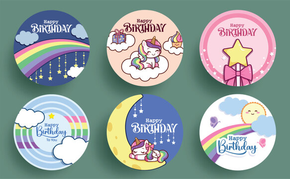 Unicorn birthday circle sticker clipart set. Happy birthday greeting text in colorful magical background for tshirt print and patch logotype clipart collection vector illustration.
