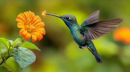 Fototapeta premium Vibrant hummingbird in flight, feeding on a flower.