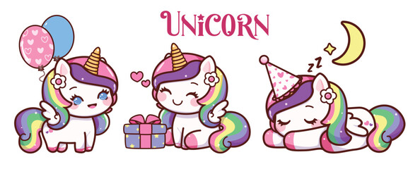 Unicorn birthday character clipart set. Cute pony for magical birthday party decoration elements clip art collection with balloons, gift box and party hat in happy and adorable face vector 