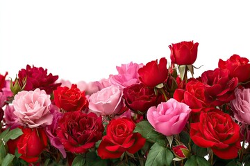 Fresh red and pink roses border isolated on white background