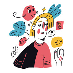 Stylized illustration of a person surrounded by abstract shapes and emotional symbols, conveying inner thoughts and feelings.