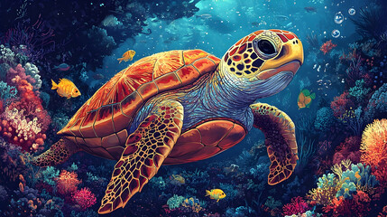 Fototapeta premium Colorful sea turtle swimming amidst a vibrant coral reef.