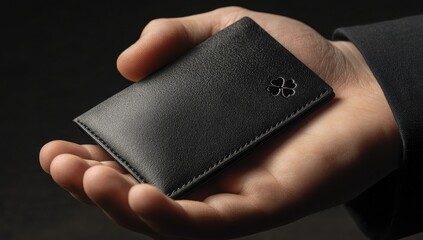 Small, black leather wallet held in hand