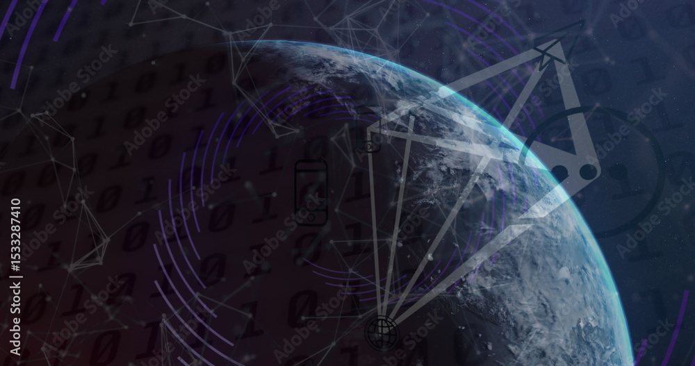 Aufkleber displaying partial earth globe floating in outer space, with binary digit overlay and network nodes