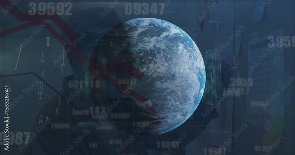 Poster rotating 3d earth globe floating in virtual dashboard, numeric overlays, chart lines, code symbols