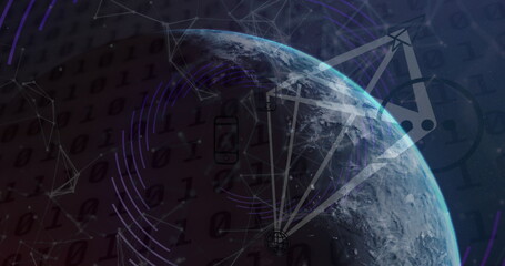 Displaying partial Earth globe floating in outer space, with binary digit overlay and network nodes