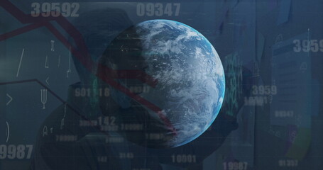 Rotating 3D Earth globe floating in virtual dashboard, numeric overlays, chart lines, code symbols
