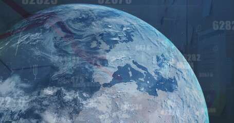 Displaying Earth globe showing Europe and northern Africa in space, with code overlays and padlocks