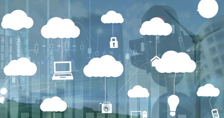 Showing cloud cluster linking padlock icon over green field beside office building, with charts