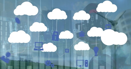 Floating cloud cluster linked to blue tech icons on hill with wind turbine, financial charts