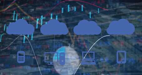 Connecting four blue cloud icons to smartphone, desktop computer, laptop, tablet in digital graphic