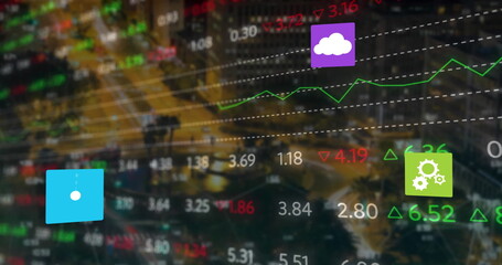 Showing data floating above city street at night, with numeric values, green trend line and icons