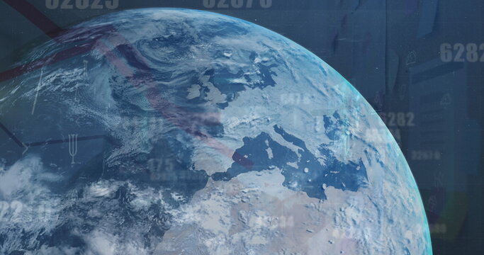 Displaying Earth globe showing Europe and northern Africa in space, with code overlays and padlocks - Powered by Adobe