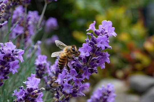 A bee pollinates a purple flower plant in the garden. - Powered by Adobe