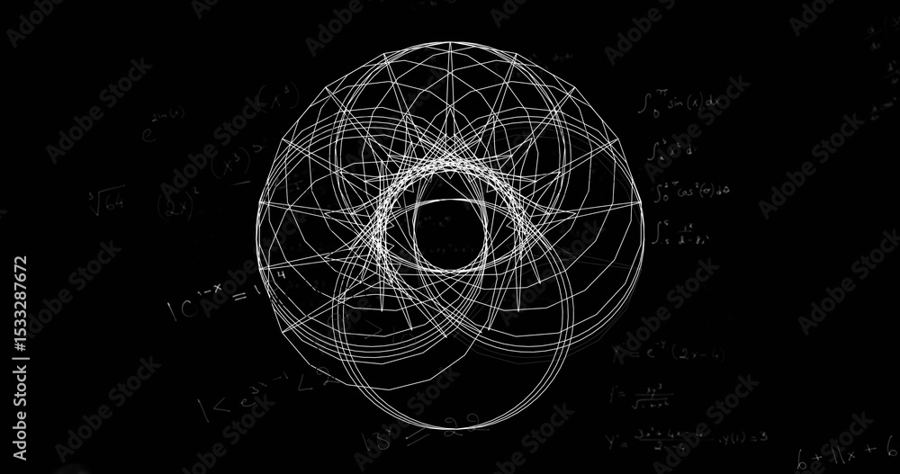 Poster displaying white wireframe geometric structure on chalkboard, surrounding chalk-like math notations