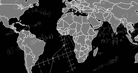 Obraz premium Displaying grey world map projected on blackboard display, showing chalk equations and graph axes