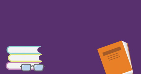 Displaying stacked pastel books with eyeglasses and open orange book on purple canvas, copy space
