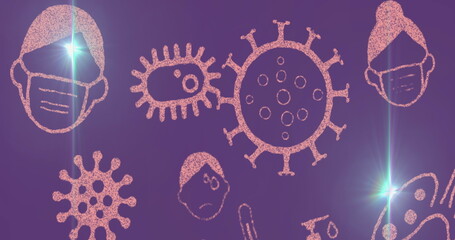 Displaying central virus pulsing on purple backdrop, with chalk-style masks, thermometer, flask