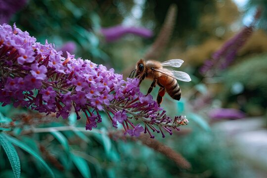 A bee pollinates a purple flower plant in the garden.