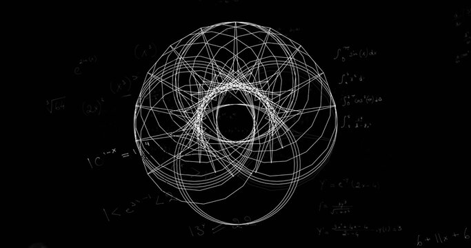 Displaying white wireframe geometric structure on chalkboard, surrounding chalk-like math notations