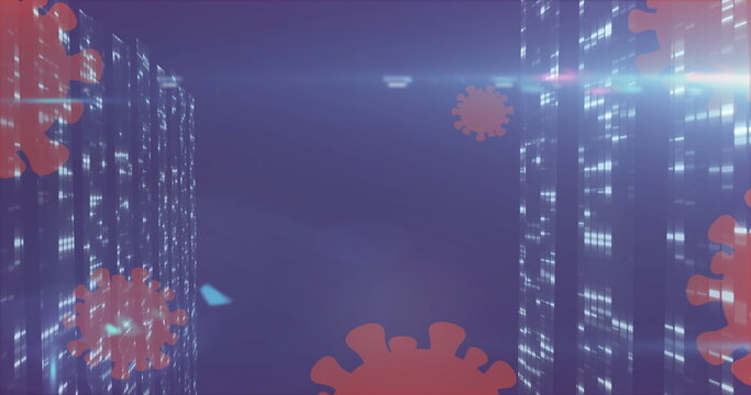 Pulsating red coronavirus icons drifting in futuristic digital skyline, with glowing grid facades - Powered by Adobe