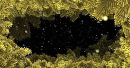 Fototapeta premium Framing yellow-green pine branches around dark sky in night forest canopy, with snowflakes falling