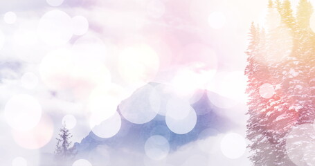 Glowing mountain peak emerging through pastel sky above snowy solitary pine, with bokeh light spots