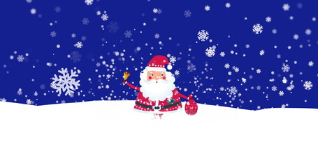Standing Santa Claus in red coat ringing gold handbell in falling snow, holding red sack