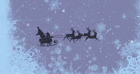 Gliding silhouette figure steering sleigh across violet sky, with four reindeer and evergreen tree