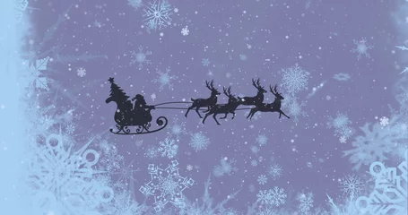 Fotobehang Gliding silhouette figure steering sleigh across violet sky, with four reindeer and evergreen tree © vectorfusionart