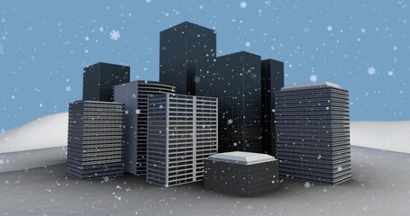 Falling snowflakes covering high-rise towers on snow plain, with grid windows and digital flakes